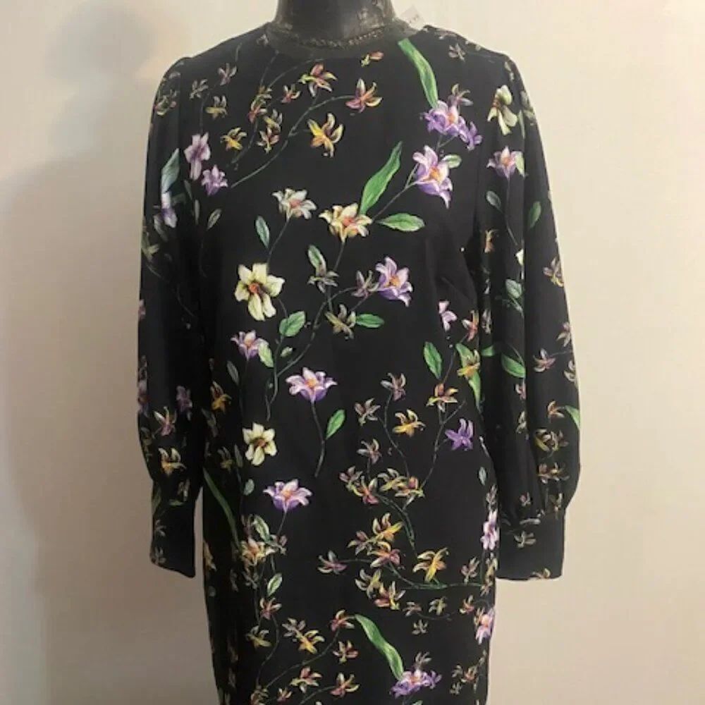 H&M Black Floral Long Sleeve Shift dress, size 8